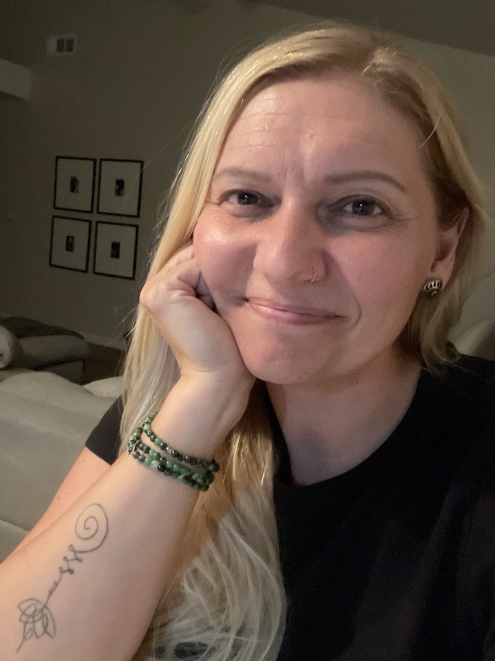 Stef Smith in a quieter moment, resting her chin on her hand